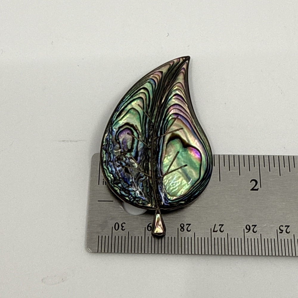 Vintage ASM Mexico Cuernavaca Leaf Abalone Shell Inlay Sterling Silver Brooch - Picture 6 of 6